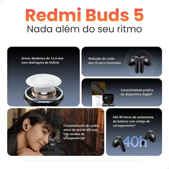 Fone de Ouvido Sem Fio, Xiaomi, Bluetooth 5.3, Redmi Buds 5, Intra Auricular, com Cancelamento de Ruído, Resistente à Água e Poeira - Preto, Original com Garantia